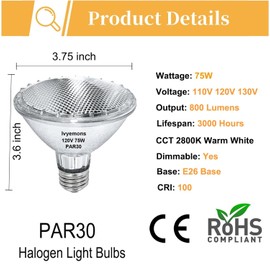 Ivyemons PAR30 Short Neck Halogen 75W - 2 Pack PAR30 Flood Light Bulbs E26 Base, PAR30 Dimmable 2800K Warm White, Long Lasting Halogen Bulb for Accent Lighting, Tracking, Recessed Light