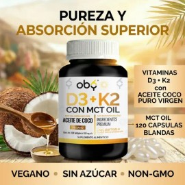 Vitamina D3 + K2 + MCT Aceite Coco Puro Extra Virgen | MCT Oil para Mayor Absorción | Suplemento Alimenticio Vitaminas Mujer Hombre | Oby 120 Capsulas