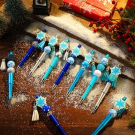 Jutom 12 Pcs Snowflake Christmas Beadable Pens Kits Include 50 Pcs Colorful Beads 12 Tassels 12 Pendants Assorted Focal Bead DIY Making Pens Set for Christmas Gift Bulk
