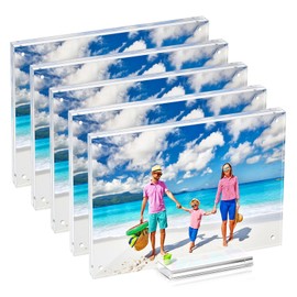 laapee 5 Pack 4x6 Magentic Acrylic Picture Frame, Clear Double Sided Frame with Base, Frameless Floating Lucite Photo Frame Stands on Desk Table Horizontally or Vertically