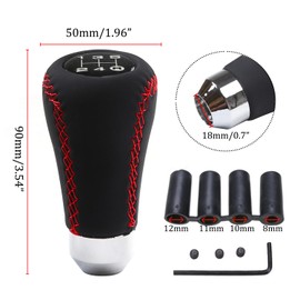 Juttzzei Universal 5 Speed Gear Knob, Car Gear Shift Knob, Manual Gear Stick Knob, Leather Gear Stick Shifter Cover with 4 Adapters 8mm 10mm 11mm 12mm for Manual Automotive Vehicles - Red Stitching