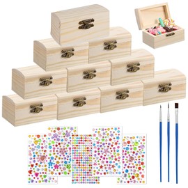 Yudobliss Small Wooden Box, Set of 10 Wooden Jewellery Boxes, Small Wooden Box Painting, Mini Treasure Chest, Craft Set, with Stickers and Brushes, for Birthday Parties and DIY