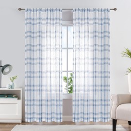 Randall Modern Geometric Curtain Panels Pair Soft Touch Light Filtering Blue semi-Sheer Linen-Look Drapes with Rod Pocket Design,Rustic Farmhouse Style Drapes for Living Room,63 inch,2 Panels