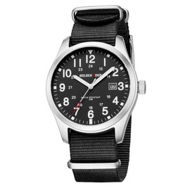 GOLDEN HOUR Men's Nylon Slip-Thru Strap Watch with Military Time Easy Read Dial Glowing Hands in Silver Black
