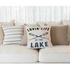 Solekla Black Blue Word Art Quote Loving Life at The Lake Wooden Paddle Oar Summer Decorative Cotton Burlap Linen Throw Pillow Case Cushion Cover Sofa Outdoor Decorative Square 18X18 Inches