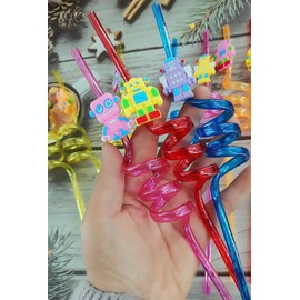 24 Packs Robot Bulk Reusable Plastic Straws Birthday Party Favors, Theme Curly Drinking Straws Party Supplies