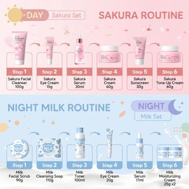 Sakura & Milk Skincare Set for Teens & Kids, 15 PCS Complete Day & Night Face Routine Kit for Girls & Office Worker, Hydrating, Shrink Pores, Perfect Gift Set for Self Care, Birthday, Party