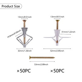 Pack of 100 Cavity Dowels Butterfly Plasterboard Dowels Set Plasterboard Dowels Aircraft Shape Butterfly Shape with Screws for Plasterboard Plasterboard Plasterboard Concrete Bricks Hollow Wall