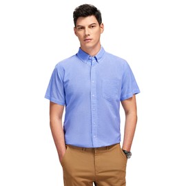 Telotol Men's Cotton Oxford Shirts Short Sleeve Business Casual Button Down, Single Pocket (Sapphire Blue‌/2XL)