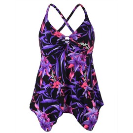 Firpearl Traje de baño Tankini para mujer, modesto, fluido, cruzado, talla grande, traje de baño, Floral morado y rojo., 22