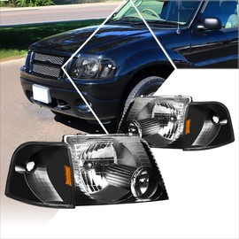 [4Pcs-Set] Headlights Assembly+Corner Lamps Compatible with Ford Explorer 02-05,Black Housing/Amber Corner