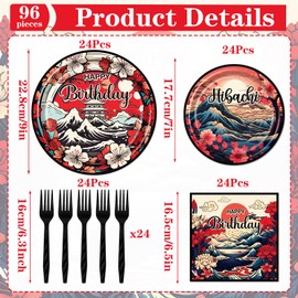 Lovarywow Japanese Hibachi Party Decorations, 96PCS Hibachi Party Plates Napkins and Forks Disposable Tableware Set, Japanese Style Asian Happy Birthday Supplies Decor Serve 24