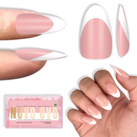 NOVO OVO White French Tip Almond Nail Tips Press on BABY PINK, Extra Thick Medium Soft Gel Fake Nail Acrylic Extension, Need Builder Gel Top Coat, No Glue Included, for Salon DIY 15 Sizes x 240 pcs