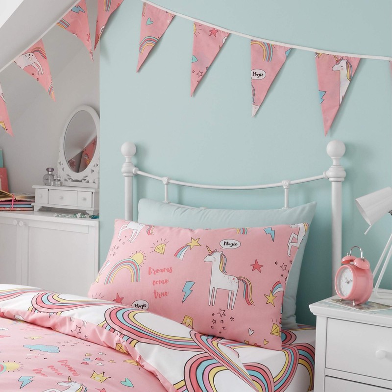 Happy Linen Company Girls Kids Unicorns Rainbows Pink Single Reversible
