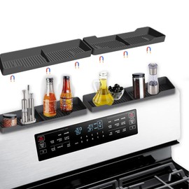 BoBoWalk 30 Inch Magnetic Silicone Stove Top Shelf, Heat Resistant Spice Rack for Kitchen, Space Saving Organizer with 6 Sticky Pads, Fits Back of Stove（Black 30''x3.8''）