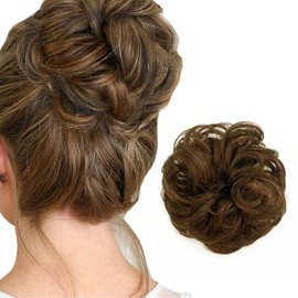YUESUO 1PCS Messy Bun Hair Pieces Wavy Curly Scrunchies Synthetic Chignon Hair Extensions Updo Hairpieces for Women Girls (Light Brown)