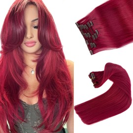 Clip in Hair Extensions Real Human Hair, Burgundy Hair Extension Real Human Hair Clip ins 12 Inch Double Weft Hair Extensions Human Hair Clip in Extensions 7pcs 70G Clip in Hair Extensions for Women