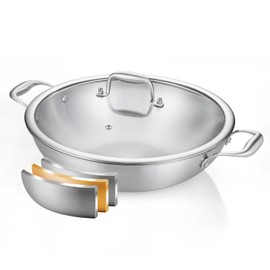 DELARLO Tri-Ply Stainless Steel Wok Pan With Lid, Fast & Even Heat 12Inch Large Frying pan, Induction Saute Pan, Dishwasher Safe Cooking Pan,Induction,Broiler Safe 600℉