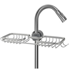 EZONEDEAL Kitchen Faucet Organizer Rack, Sponge Holder for Kitchen Sink, Double Hanging Faucet Drain Rack with Dishcloth Rack & Hooks, Silver Sink Rack Shelf for Scrubbers, Soap, Shower Caddy