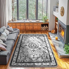 LBRO2M Boho Area Rug 6X9 Washable Rugs for Bedroom Low Piles Indoor Carpet, Non Slip Soft Rug for Living Room, Dining Room, Gray Rug Foldable Pet Friendly Area Rugs Stain Resistant (6'X9' Gray)