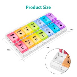 Fullicon Pill Organizer 2 Times a Day Large, Weekly Pill Box Container Cases with Unique Push-Button Pop Open Design - Rainbow & White