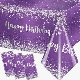 Bezkega Purple and Silver Birthday Party Supplies,3pcs Purple Glitter Sliver Birthday Party Tablecloth Waterproof Purple Theme Table Cover for Girl Women Birthday Supplies