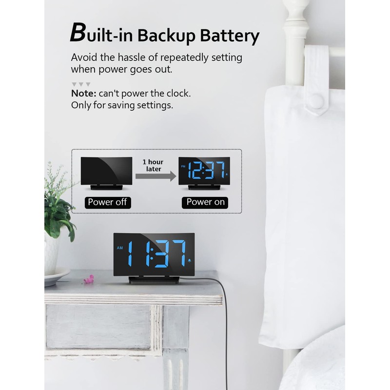 GOLOZA Digital Alarm Clock for Bedrooms, Modern Curved Design, Conspicuous