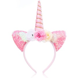 OIUUBBII Unicorn Horn Headband with Glitter Ears & 3 Colors Flowers Hair Hoop - Pink Sparkly Unicorn Hairband for Women Girls Festival Birthday Cosplay Costume Party Accessories
