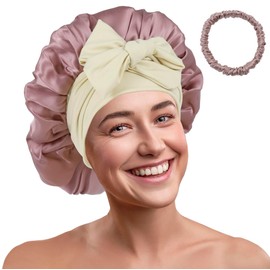 SENGTERM 19 Momme Sleep Cap for Sleeping for Women - 100% Mulberry Silk Sleep Cap for Curly Hair Adjustable Wide Band Silk Hair Cap, Silk champagne