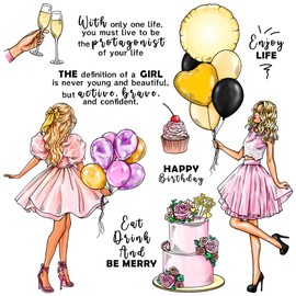 LZBRDY Girls Under Balloons & Cakes Stamps and Dies Set for DIY Scrapbook Card Making