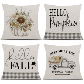 Fall Throw Pillow Covers Set of 4, 18x18 Inch Modern Decorative Pillow Cases Buffalo Check Hello Pumpkin Autumn Outdoor Farmhouse Truck Pillows Decorative for Home Porch Thanksgiving Decor