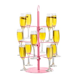 QCBF Cocktail Tree Stand, Wine Glass Display For Drinks, 3 Tier - 12 Holders Champagne Tower Stand For Champagne, Cocktails, Martini, Margarita Cups at Weddings, Bridal Shower (Pink)