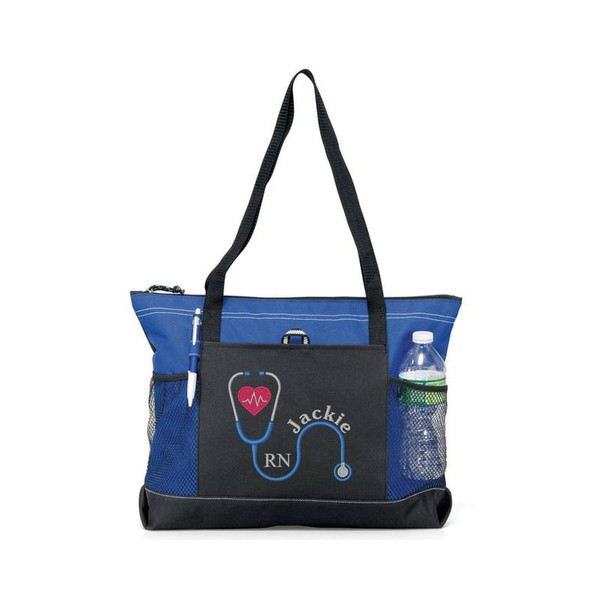 Embroidered Nurses Tote Bag with Stethoscope Design - color: Blue,
