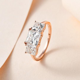 TJC Moissanite Three Stone Ring for Women in 18K Rose Gold Plated 925 Sterling Silver Size R Prong Setting Metal Wt. 2.25 Grams