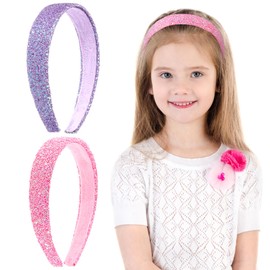 COMNICO 2 PCS Glitter Headbands for Girls, Cute Sparkly Wide Thick Head Bands Bling Non Slip Hairband Rainbow Sequin Little Girl Hair Accessories for Children Kids Women (Pink + Purple)