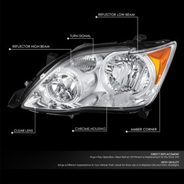 DNA MOTORING Left OE Style Headlight Compatible with 2008-2010 Avalon, Chrome/Clear Lens/Amber Reflector, OEM-HL-0190-L