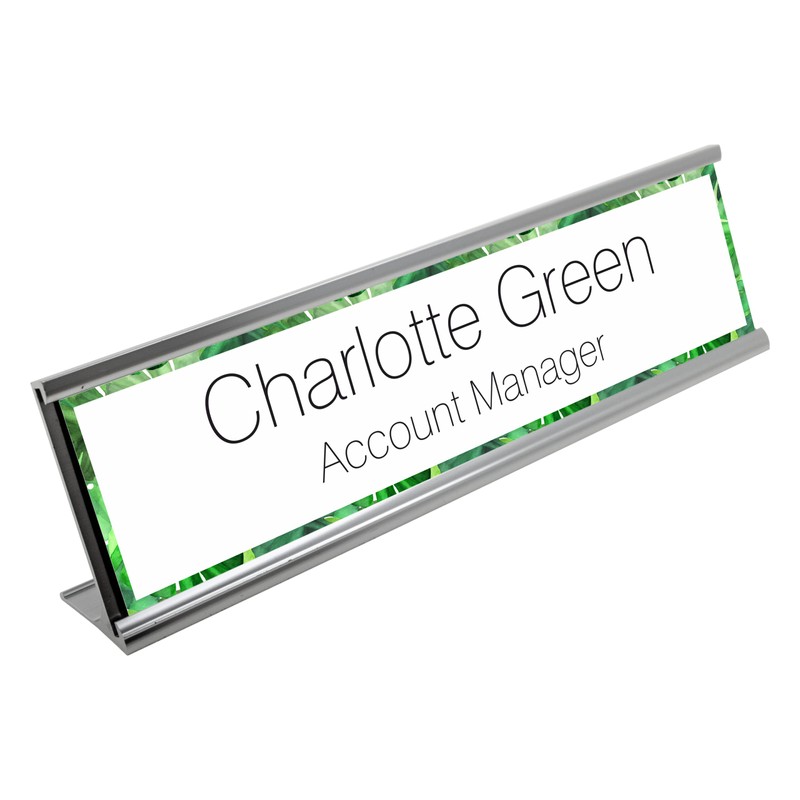 Plant Print Border with Black Text Desk Plaque Name and