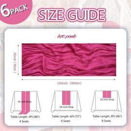 Camino de Mesa de Gasa Bohemia de 3 M, Color Rosa Intenso, Paquete de 6, 35 X 120 Pulgadas, Estilo Rústico, Transparente, para Decoración Romántica de Bodas, Baby Showers Y Fiestas.