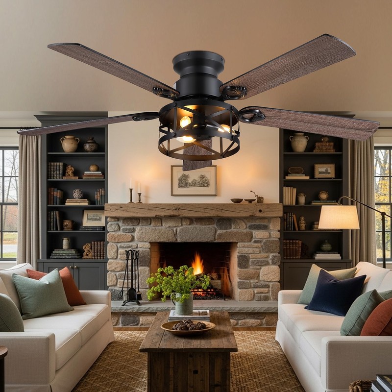 JSAITEE 52in Flush Mount Farmhouse Ceiling Fan with Lights, Caged