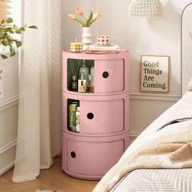 BxuxJar 3 Tier Round Nightstand with Drawer, Pink Plastic Nightstand Round Side Table with Storage for Bathroom, Bedroom