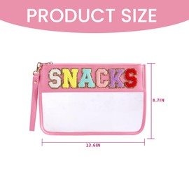 Chenille Embroidered Letter Snack Pouch, Durable Zipper Pouch for Travel, Waterproof Makeup Organizer Bag, Reusable Leakproof for Travel Gym Beach (Pink)