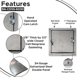 Best 8" x 8" Self Stick Duct Access Door for Sheet Metal Duct, 1” Fiberglass Insulated Duct Access Panel with Neoprene Gasket, 24-Gauge Steel Double Panel, Reverted Flange, No Hinge, BA-CDSS-6031