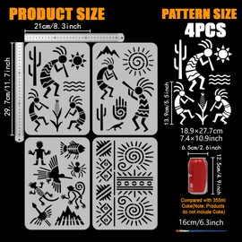 FINGERINSPIRE 4PCS Cocopelli Patterns Stencils with 1Pc Plastic Brush 21x29.7cm American Patterns Stencil Nazca Lines Stencil Tribal Themes Decorative Template for Painting on Wall Wood