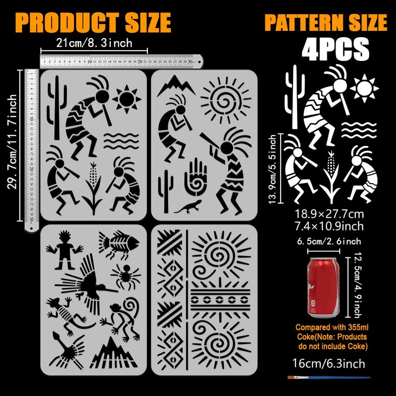 FINGERINSPIRE 4PCS Cocopelli Patterns Stencils with 1Pc Plastic Brush 21x29.7cm