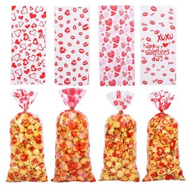 PACKSISTER Valentine's Day Cellophane Treat Bags 50Pcs - Clear Candy Snack Goodie Bags with Twist Ties, Heart & Lip Design for Valentines Party Favors Bags(5"X11")