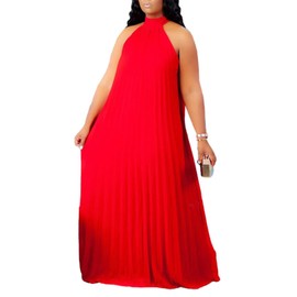 Aro Lora Womens Casual Sleeveless Plus Size Chiffon Halter Neck Pleated Loose Long Maxi Dress X-Large Red