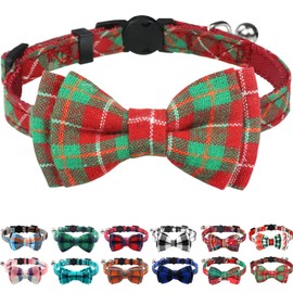 Joytale Upgraded Christmas Cat Collar with Bells, Breakaway Cat Collars with Bow Tie, 1 Pack Girl Boy Safety Plaid Kitten Collars, Red+Green Plaid
