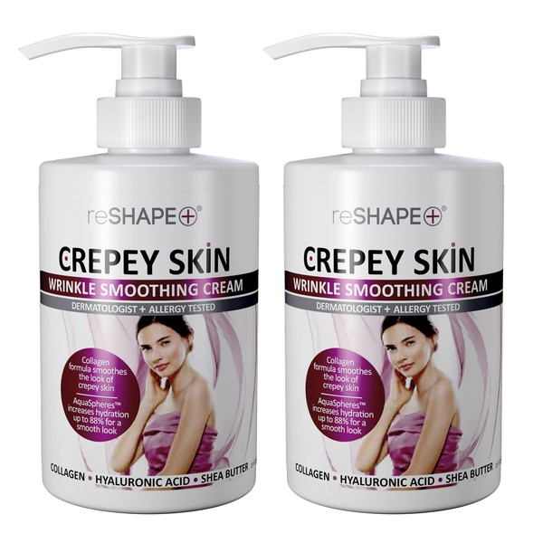 Reshape+ Crepey Skin Treatment Cream Wrinkle Smoothing Lotion Anti Aging Skin Care Moisturizer For Face, Arms, Neck, & Body W/Collagen & Hyaluronic Acid To Plump Sagging Skin, 15 Fl Oz (Pack of 2)