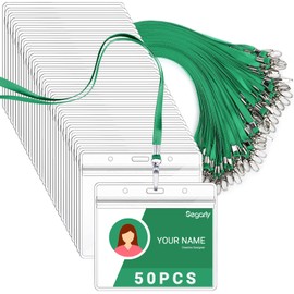 Segarty Lanyards with ID Holder, 50 Pack Horizontal Badge Clear Plastic Name Tags Neck Key Card Bulk, Green Strap Clips Waterproof Ziplock Nametag Protector for Women, Business, Student, School