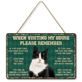 Vintage Wood Sign When Visiting My House Please Remember Rules Sign Art Funny Cat Wood Poster for Home Kitchen Bar Pub 29 X 19 CM (Green)
